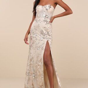 Lulus Confident Sensation Gold Sequin Strapless Bustier Maxi Dress - Size M